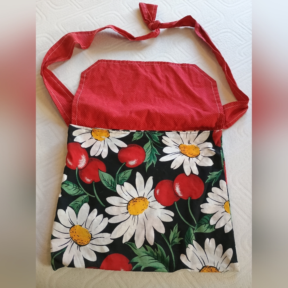 Vintage Handmade Sunflower and Cherry Print Bag W/Red And White Polka Dots